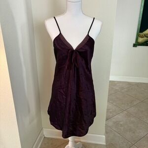Secret Treasures Women's Plum Satin Nightgown Slip Dress Tie Front Sheer Trim